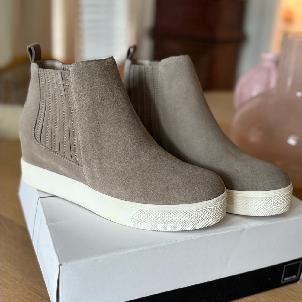 Brand New Taupe Suede Ankle Boots with White Soles